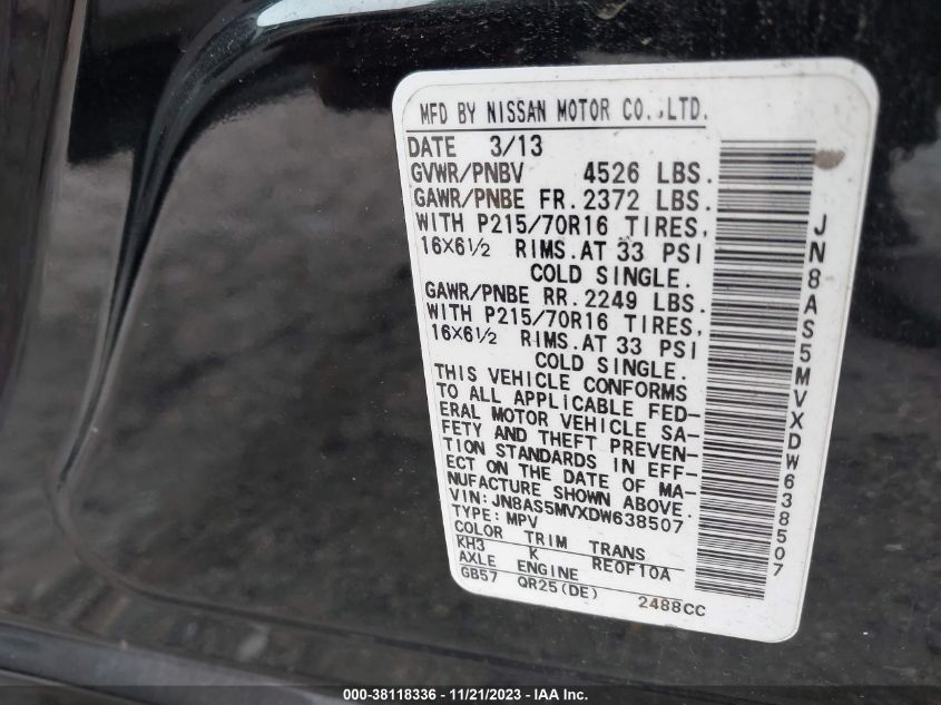 2013 NISSAN ROGUE S - JN8AS5MVXDW638507