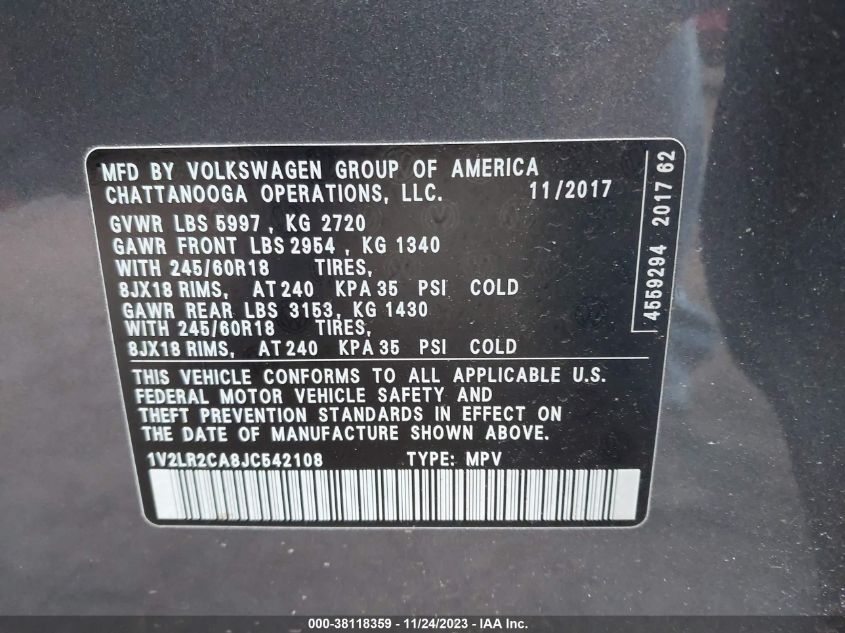 VIN 1V2LR2CA8JC542108 2018 VOLKSWAGEN ATLAS SE