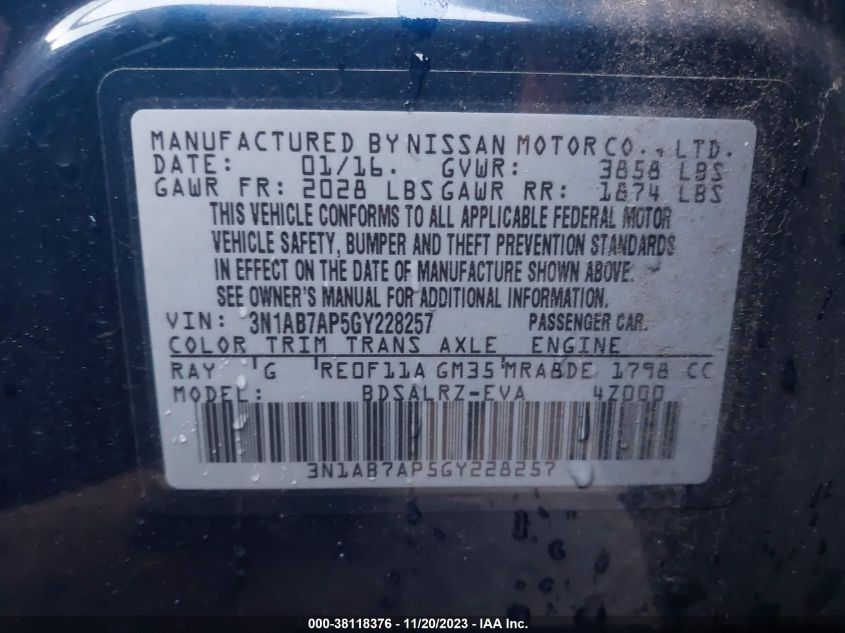 2016 NISSAN SENTRA SR - 3N1AB7AP5GY228257