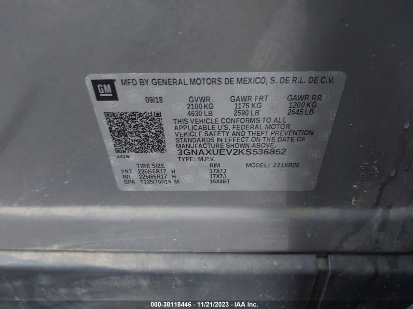 2019 CHEVROLET EQUINOX LT - 3GNAXUEV2KS536852