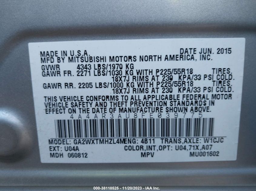 2015 MITSUBISHI OUTLANDER SPORT ES - 4A4AR3AU8FE039775