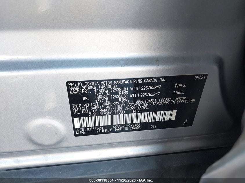 VIN 2T3H1RFV3MC144393 2021 TOYOTA RAV4 LE