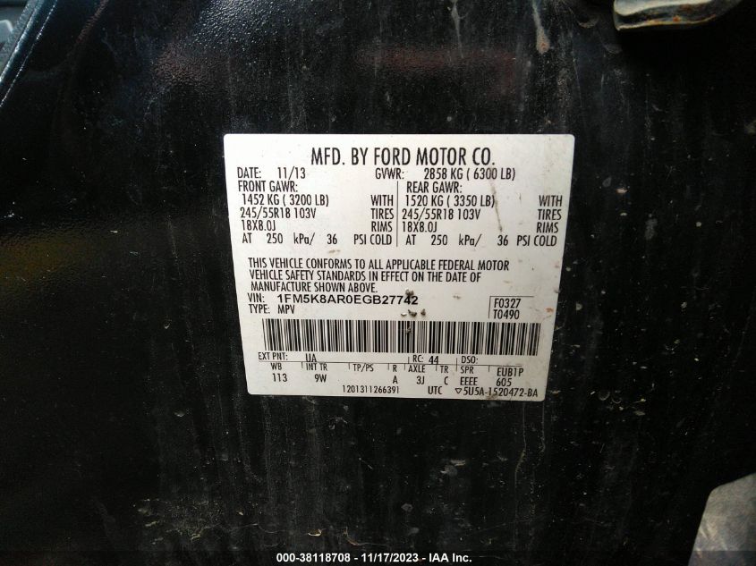2014 FORD UTILITY POLICE 1FM5K8AR0EGB27742