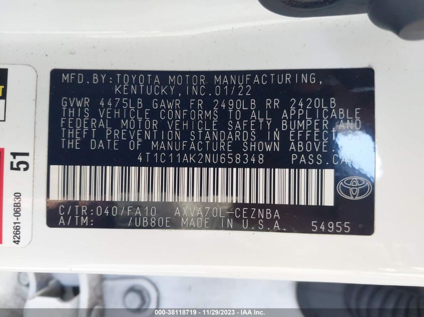 2022 TOYOTA CAMRY LE - 4T1C11AK2NU658348