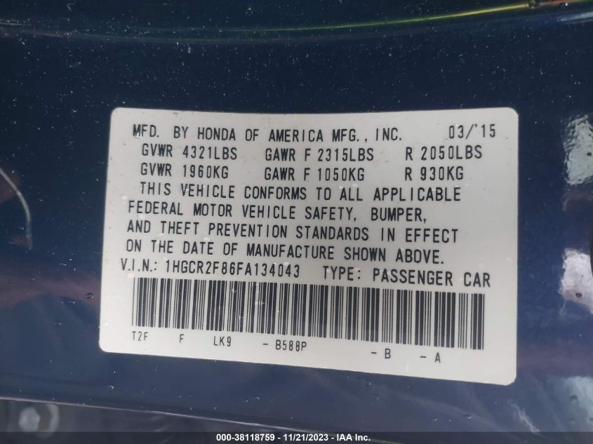 2015 HONDA ACCORD EX-L - 1HGCR2F86FA134043
