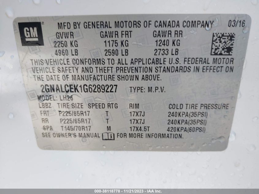 2016 CHEVROLET EQUINOX LT - 2GNALCEK1G6289227