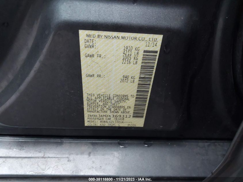 2015 NISSAN ALTIMA 2.5 S - 1N4AL3AP6FN369312