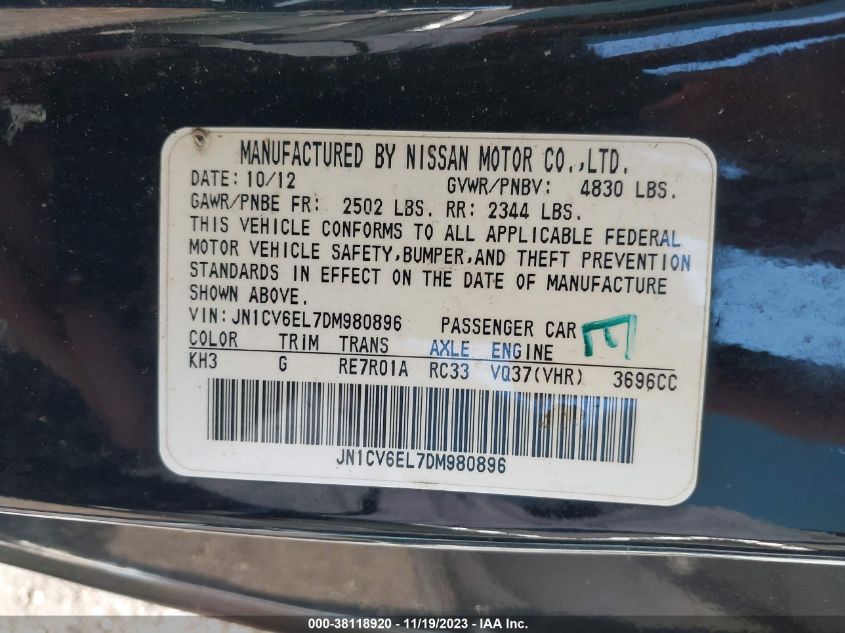 2013 INFINITI G37X - JN1CV6EL7DM980896
