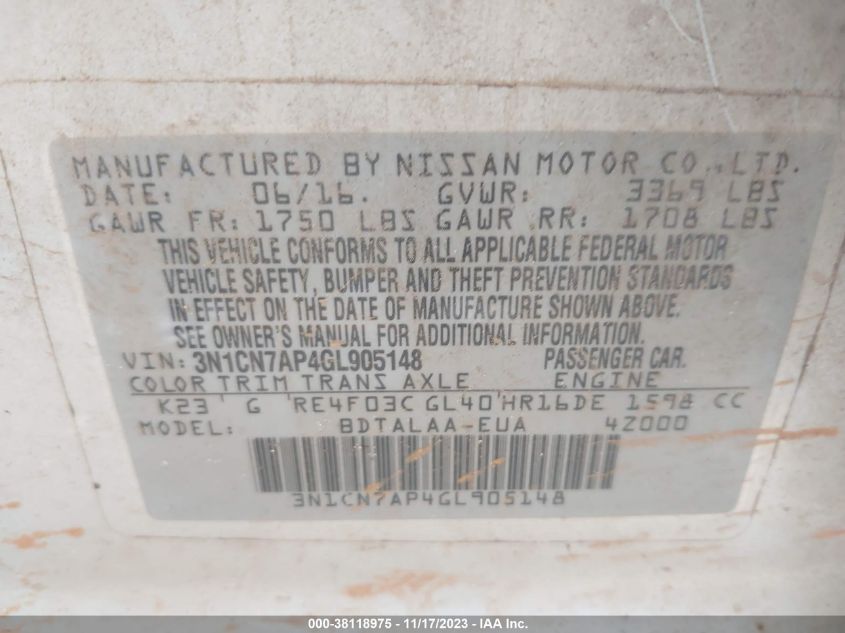 2016 NISSAN VERSA S/S PLUS/SV/SL - 3N1CN7AP4GL905148