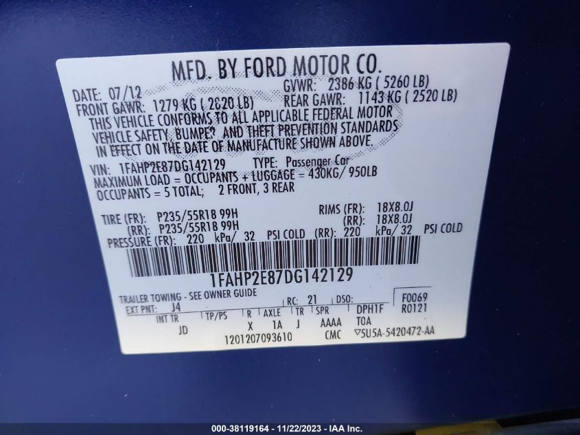 2013 FORD TAURUS SEL - 1FAHP2E87DG142129