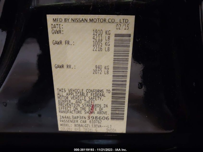 2015 NISSAN ALTIMA 2.5 S - 1N4AL3AP3FN398606