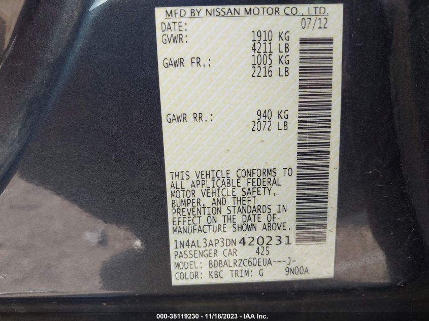 2013 NISSAN ALTIMA 2.5 S - 1N4AL3AP3DN420231