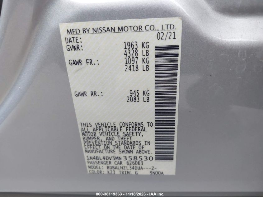 2021 NISSAN ALTIMA SV FWD - 1N4BL4DV3MN358530