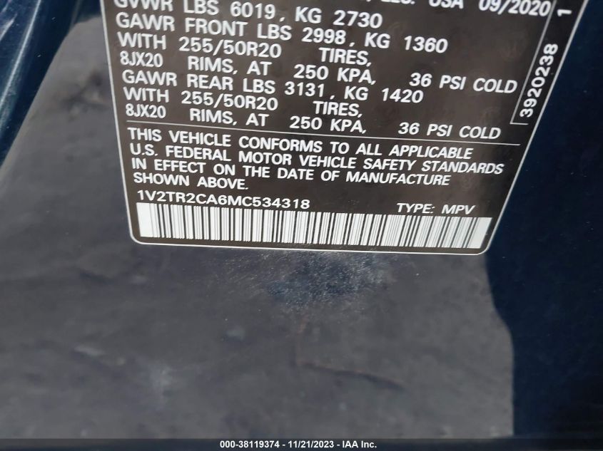 2021 VOLKSWAGEN ATLAS 3.6L V6 SEL PREMIUM - 1V2TR2CA6MC534318