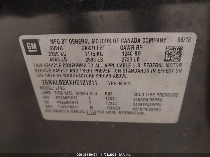 VIN 2GNALBEKXH6121811 2017 CHEVROLET EQUINOX LS