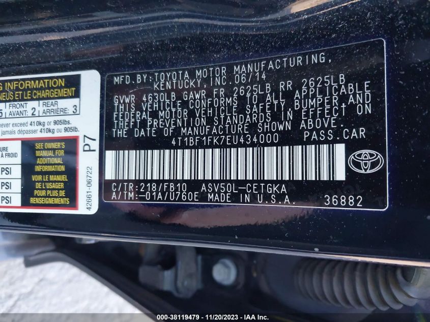 2014 TOYOTA CAMRY XLE - 4T1BF1FK7EU434000