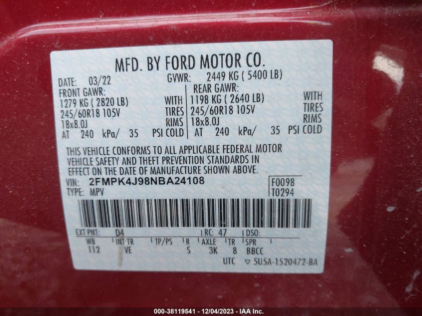 2022 FORD EDGE SEL - 2FMPK4J98NBA24108