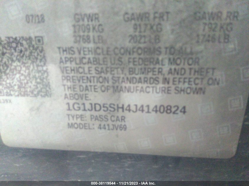 2018 CHEVROLET SONIC LT AUTO - 1G1JD5SH4J4140824