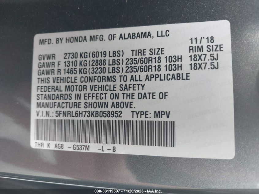 5FNRL6H73KB058952 2019 HONDA ODYSSEY, photo no. 9