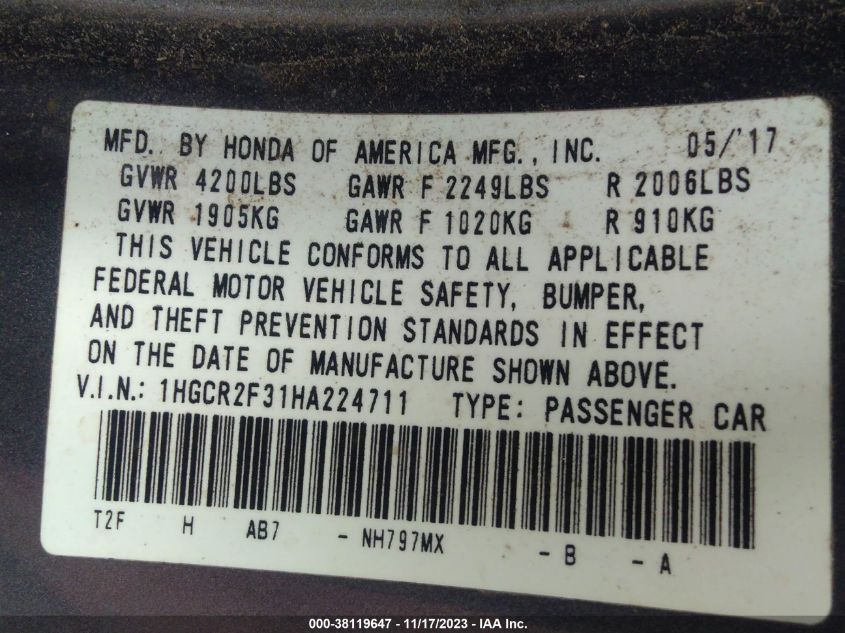 2017 HONDA ACCORD LX - 1HGCR2F31HA224711