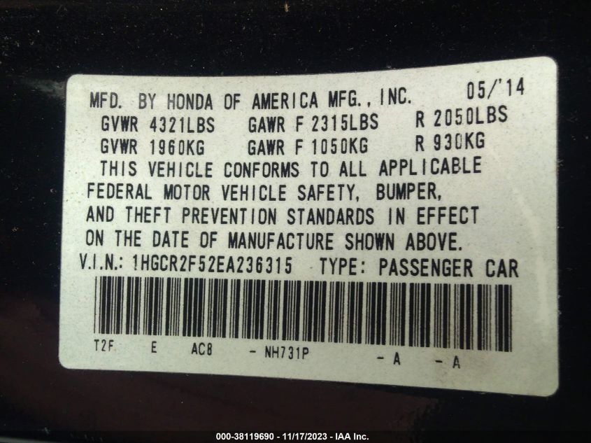 2014 HONDA ACCORD SPORT - 1HGCR2F52EA236315