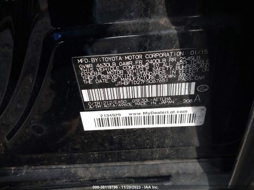 2015 LEXUS IS 250 - JTHBF1D27F5067651