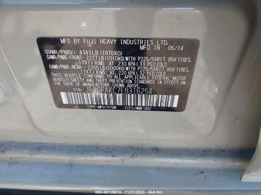2014 SUBARU XV CROSSTREK 2.0I LIMITED - JF2GPAKC7E8316254
