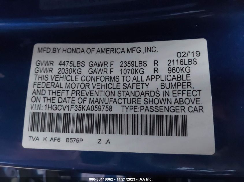2019 HONDA ACCORD SPORT - 1HGCV1F35KA059758