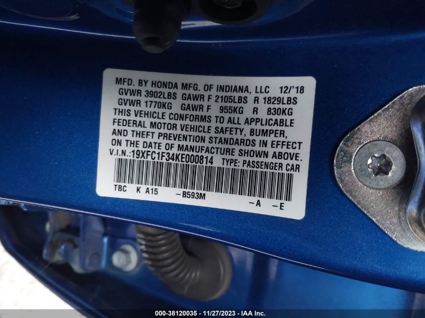 2019 HONDA CIVIC EX - 19XFC1F34KE000814