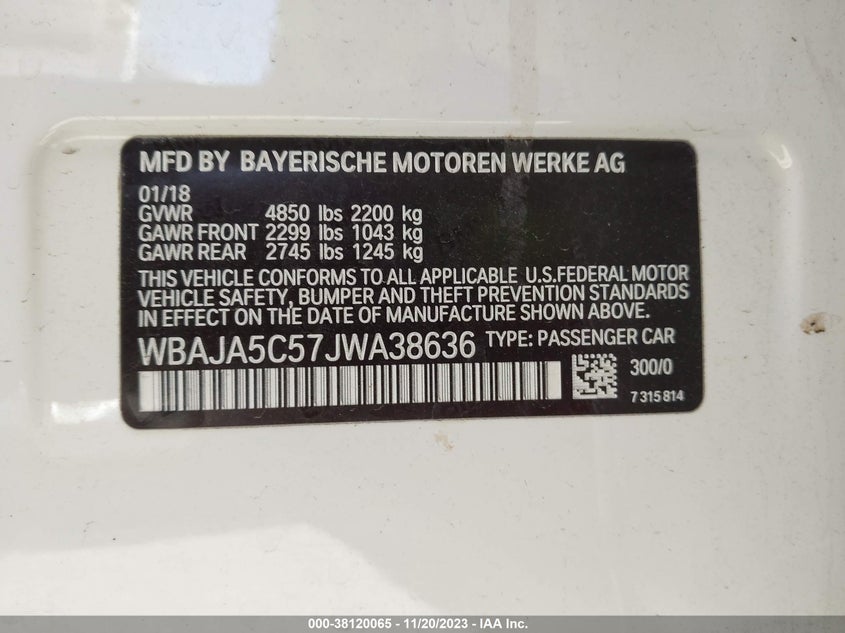 VIN WBAJA5C57JWA38636 2018 BMW 530I