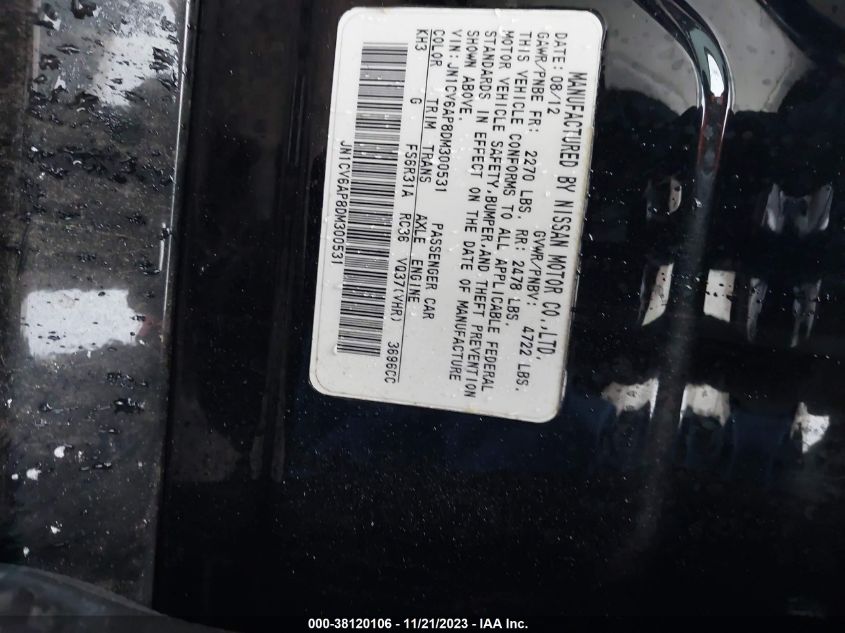 2013 INFINITI G37 SPORT JN1CV6AP8DM300531