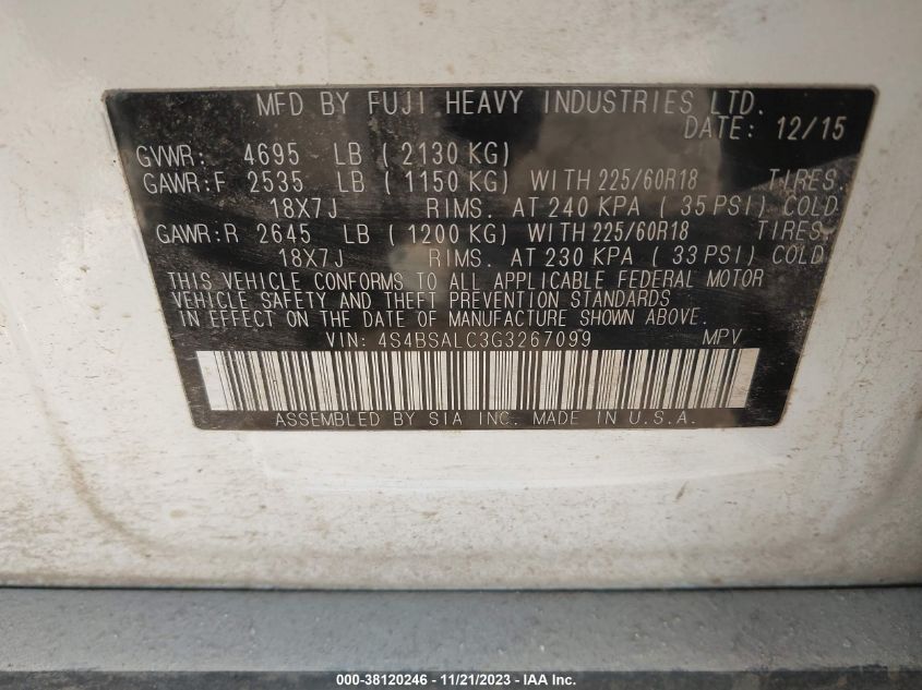 2016 SUBARU OUTBACK 2.5I LIMITED - 4S4BSALC3G3267099