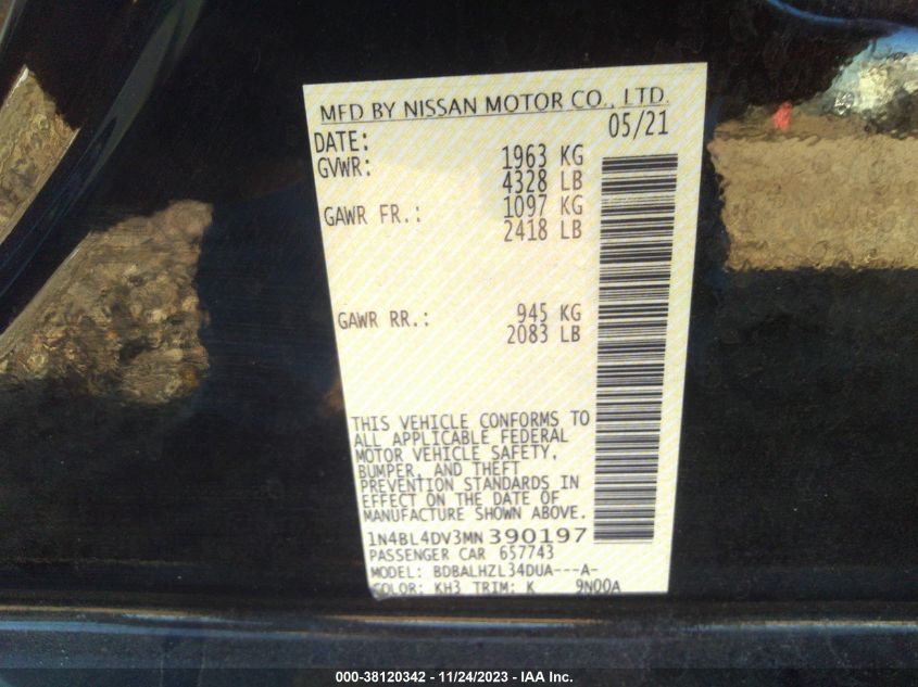 2021 NISSAN ALTIMA SV FWD - 1N4BL4DV3MN390197