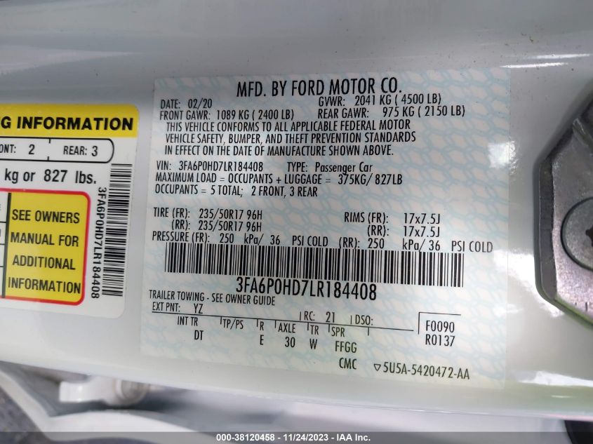 2020 FORD FUSION SE - 3FA6P0HD7LR184408