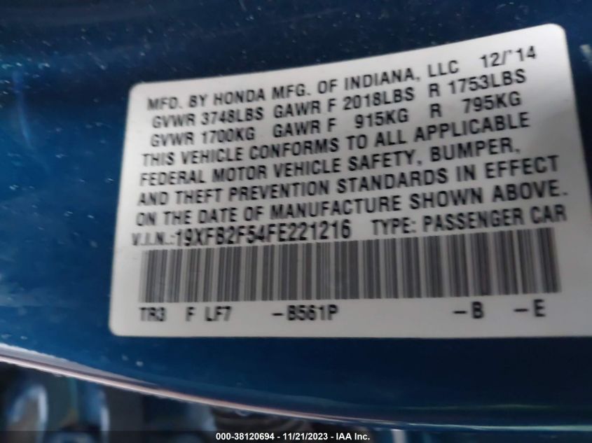 2015 HONDA CIVIC LX - 19XFB2F54FE221216