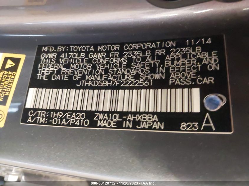 2015 LEXUS CT 200H HYBRID - JTHKD5BH7F2222561