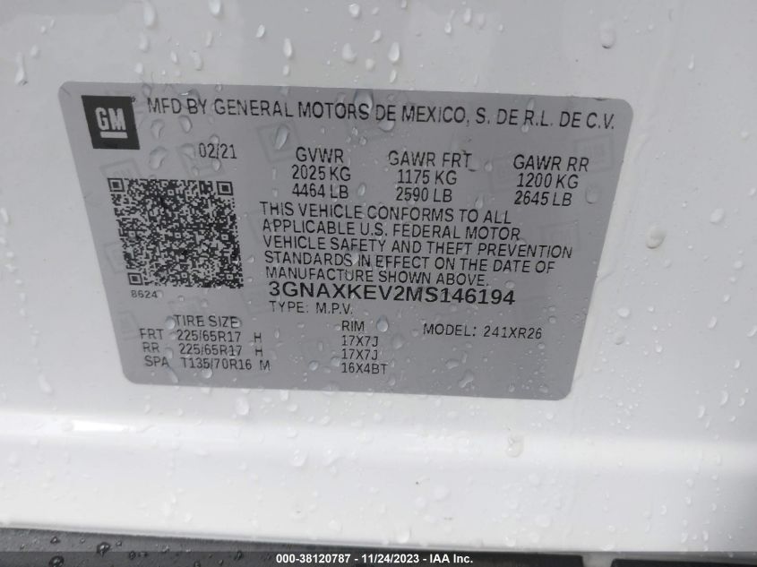 2021 CHEVROLET EQUINOX LT - 3GNAXKEV2MS146194