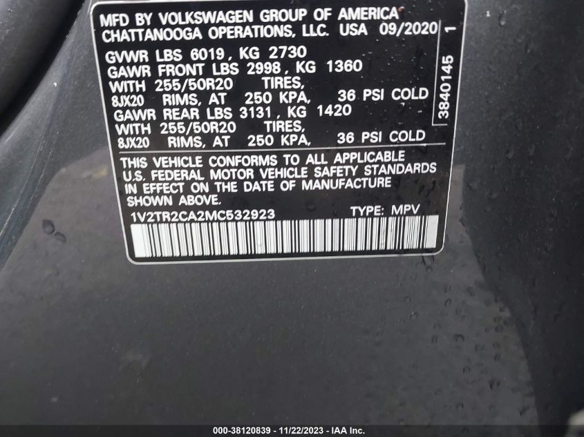 2021 VOLKSWAGEN ATLAS 3.6L V6 SEL PREMIUM - 1V2TR2CA2MC532923
