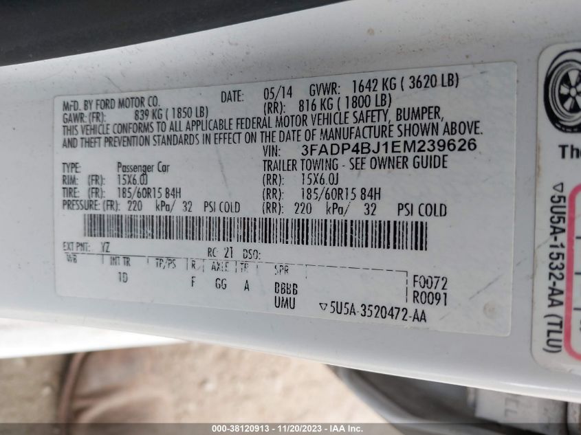 2014 FORD FIESTA SE - 3FADP4BJ1EM239626
