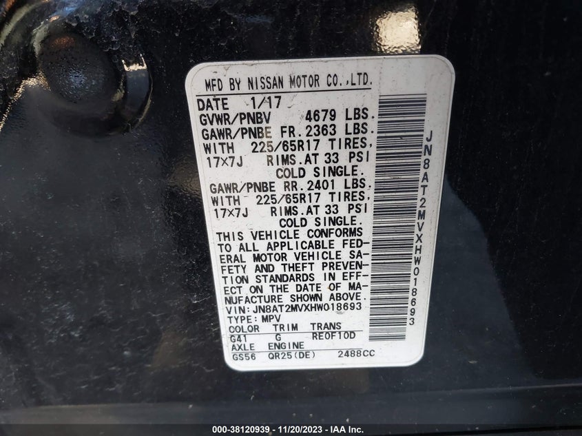 VIN JN8AT2MVXHW018693 2017 NISSAN ROGUE SV
