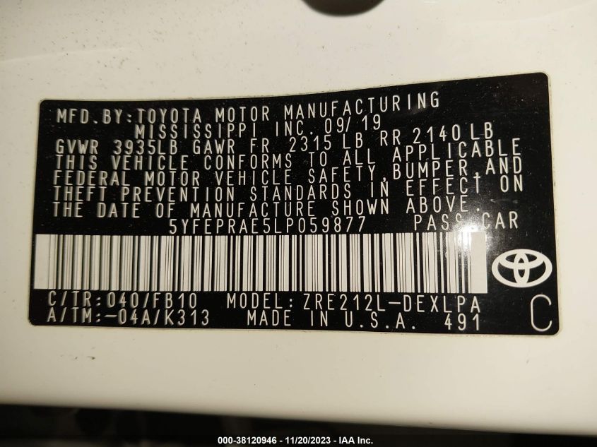 2020 TOYOTA COROLLA LE - 5YFEPRAE5LP059877