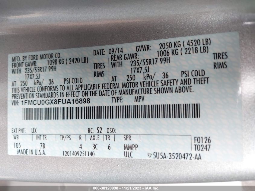 2015 FORD ESCAPE SE - 1FMCU0GX8FUA16898