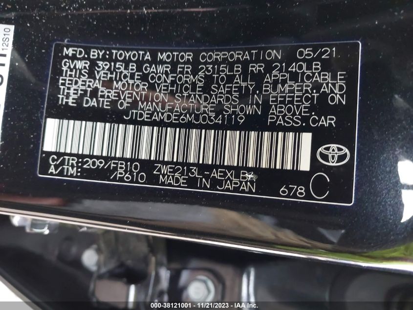 2021 TOYOTA COROLLA HYBRID LE - JTDEAMDE6MJ034119