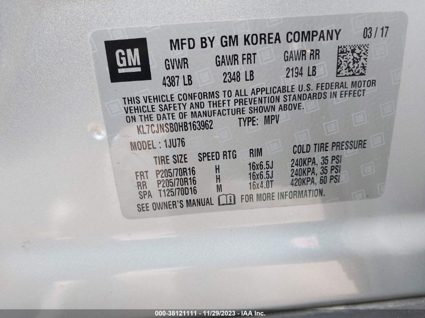2017 CHEVROLET TRAX LS - KL7CJNSB0HB163962