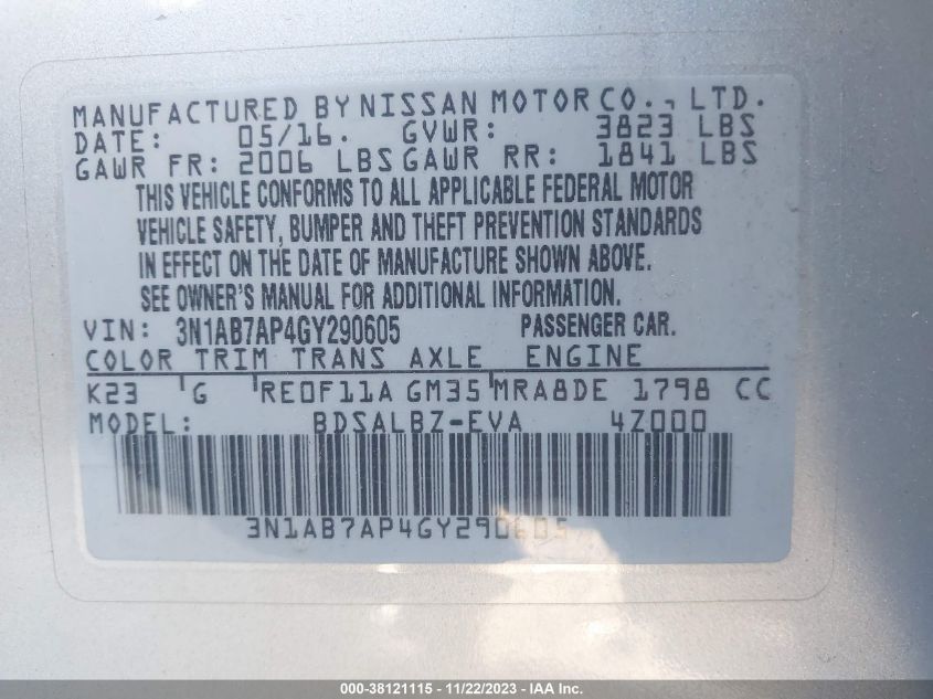 2016 NISSAN SENTRA FE+ S/S/SL/SR/SV - 3N1AB7AP4GY290605