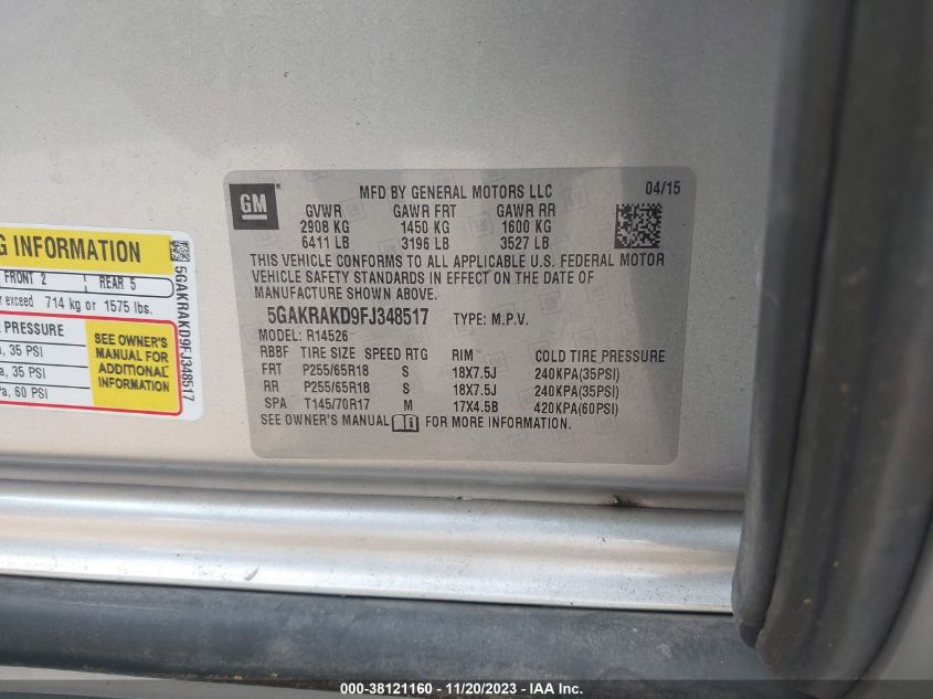 2015 BUICK ENCLAVE CONVENIENCE - 5GAKRAKD9FJ348517