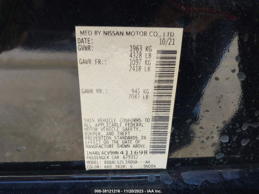 VIN 1N4BL4CV9MN411698 2021 NISSAN ALTIMA SR FWD