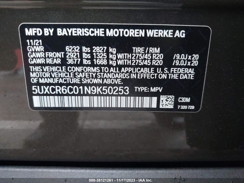 5UXCR6C01N9K50253 BMW X5 XDRIVE40I 9