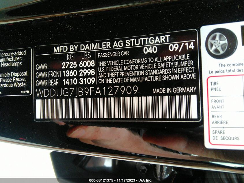 2015 MERCEDES-BENZ S 63 AMG 4MATIC WDDUG7JB9FA127909