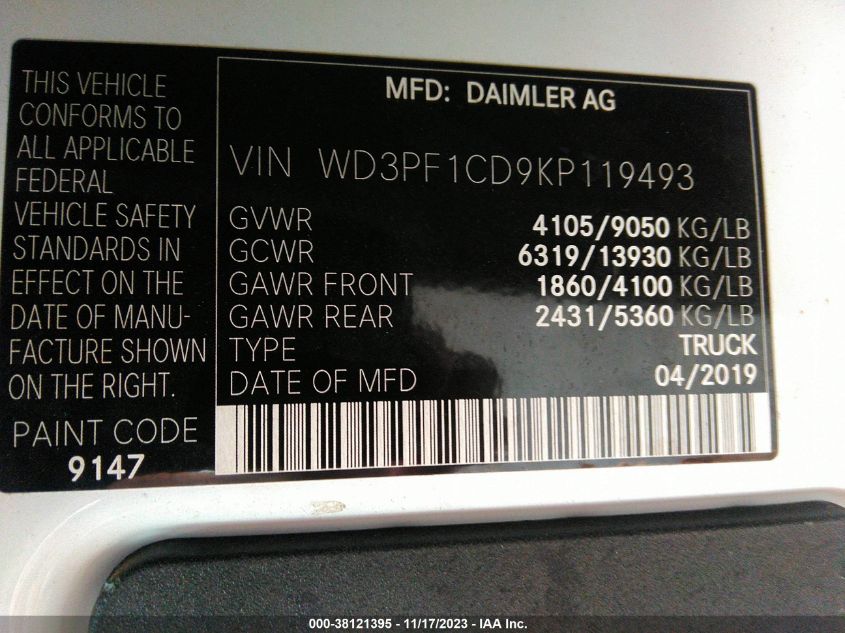 2019 MERCEDES-BENZ SPRINTER 2500 HIGH ROOF V6 WD3PF1CD9KP119493
